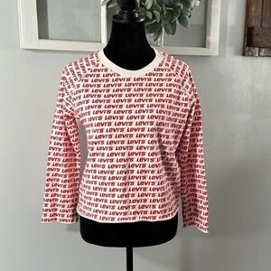Levi’s All Over Spell Out Crop Sweatshirt Raw Hem Red White Cozy Casual S NWT